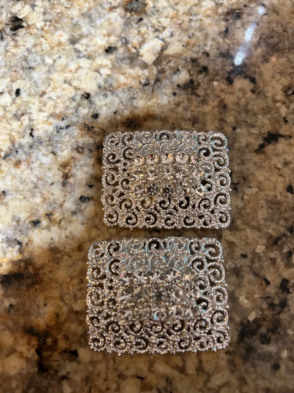 Tip Toe vintage, rectangular, silver filigree shoe clips clear rhinestones, - Picture 5 of 10
